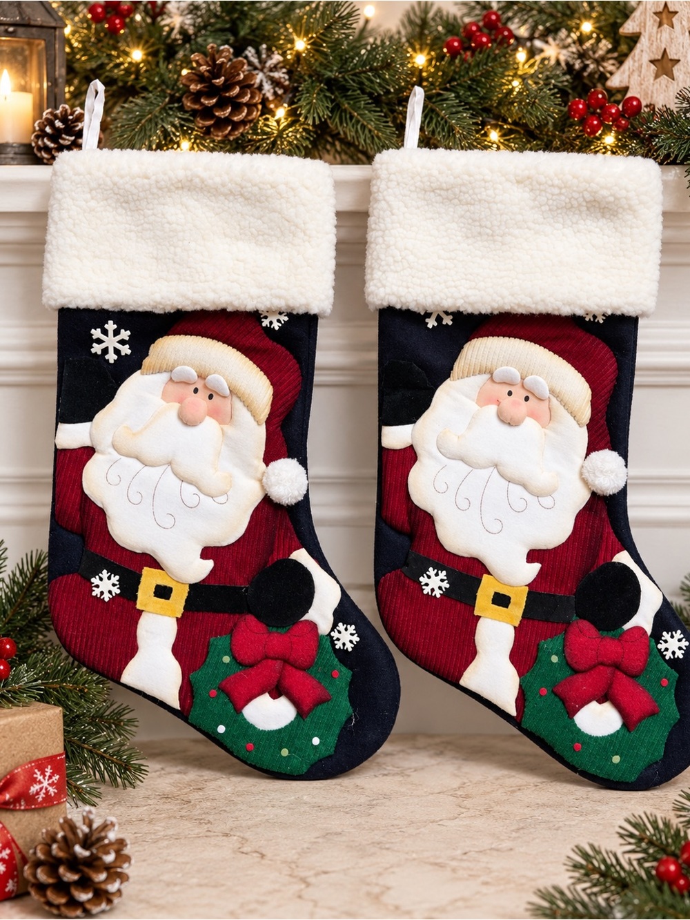 Set of 2 Santa Christmas Stockings NWT Style Plush Appliqué Sherpa Cuff 18”